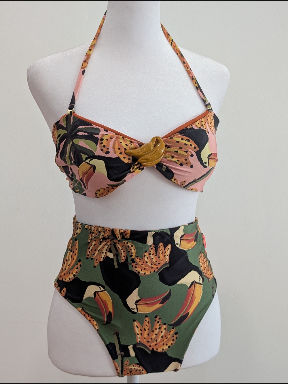 FARM rio Toucan High-Waist Bikini Set - (bottoms reversible) Pink. Halter top.
